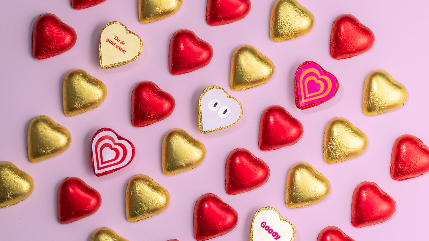 Chokladhjärtan i guldfolie med etikett